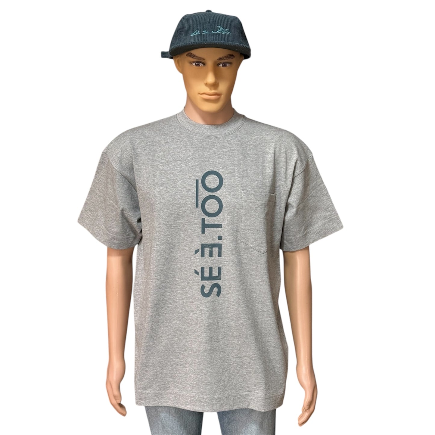 Text Block Heavyweight Pocket Tee (Heather Gray/Pine)