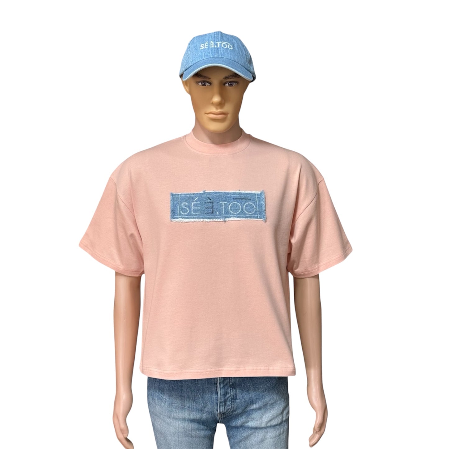 Denim Patch Oversized Boxy Heavyweight Tee (Salmon/Denim)