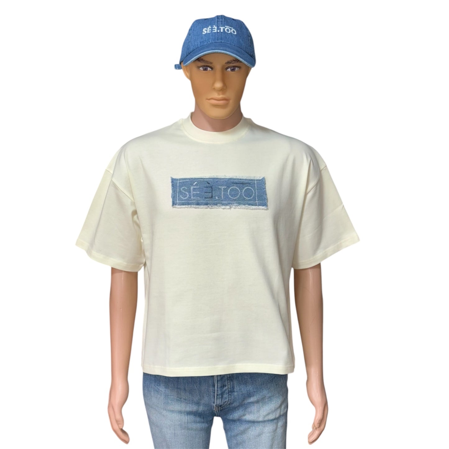 Denim Patch Oversized Boxy Heavyweight Tee (Butter/Denim)