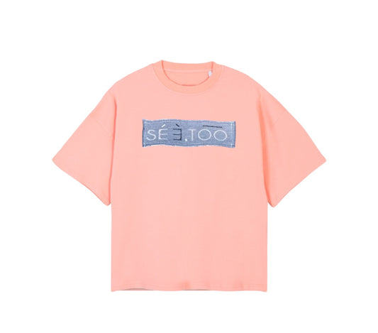 Denim Patch Oversized Boxy Heavyweight Tee (Salmon/Denim)
